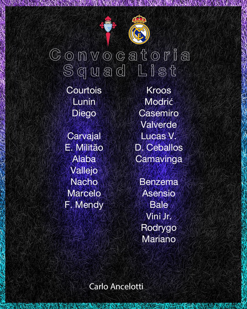 TMDOfficial_'s tweet photo. ⚽| The squad list to face Celta Vigo tomorrow.
#RealMadrid #HalaMadrid #RealCelta https://t.co/u6Ukm2bZbm