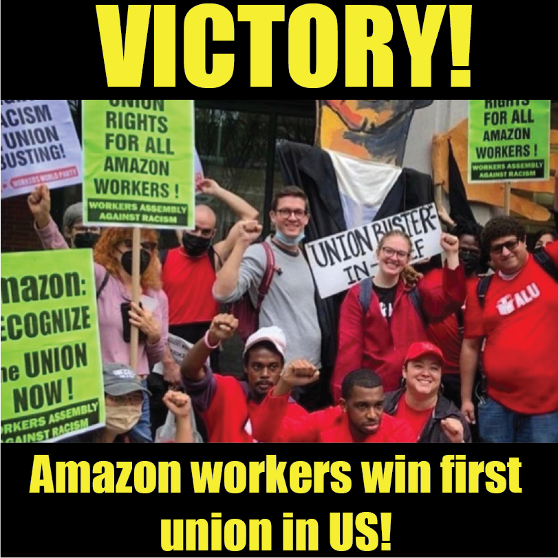 SEIU's tweet photo. HUGE WIN! A fired @Amazon worker took on #Amazon's intimidation tactics and helped unionize a 5,000-worker warehouse. THIS is the power we have when we join together for better! #UnionsForAll👏🏼👏🏾👏🏿 https://t.co/xyaChI6H19