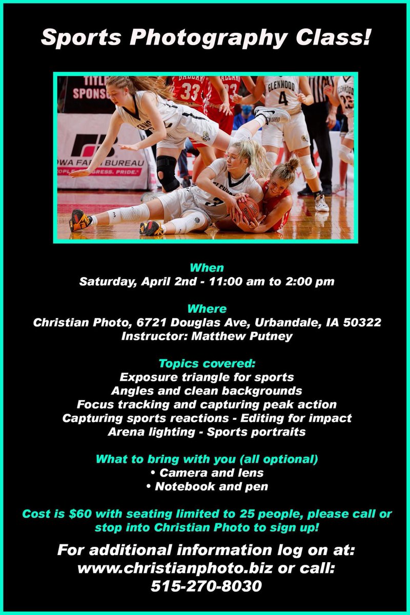 I still have few more seats available for my sports class tomorrow. Please call 515-270-8030 to register for the class.