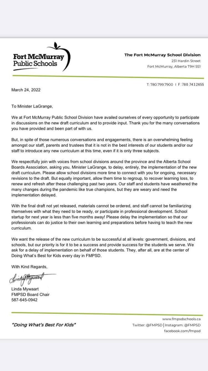 Fort McMurray Board recognizes that implementing the curriculum this fall would be a mistake for students and teachers. This request highlights and echoes the concerns of many others.