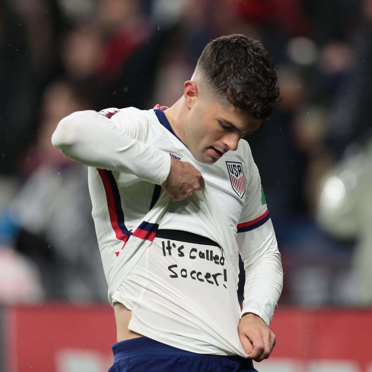 Ben Wright on X: 'November 25, 2022. The USMNT's Christian Pulisic scores a  stoppage time winner against England in the World Cup matchup, lifting his  jersey to reveal a hand-drawn message underneath.