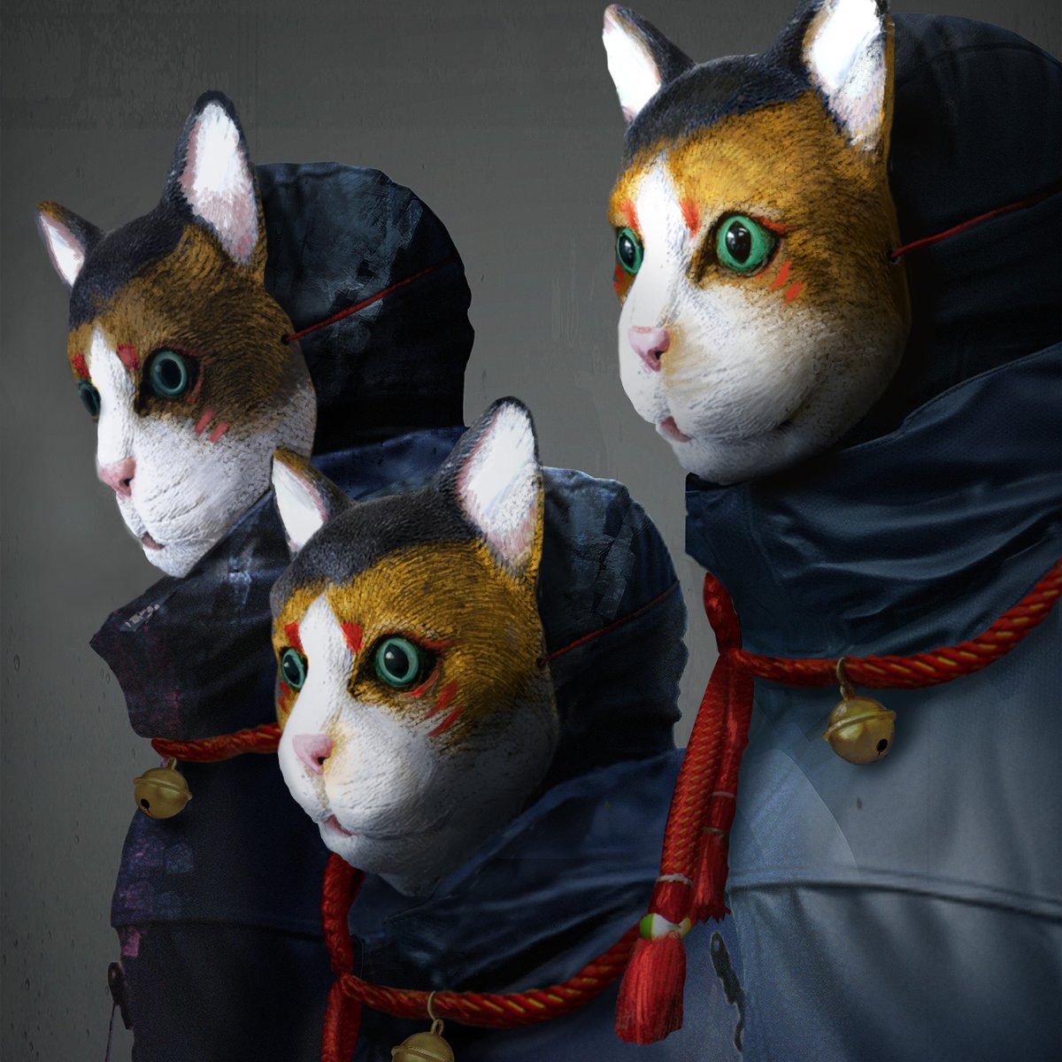 The Faceless wearing cat masks.