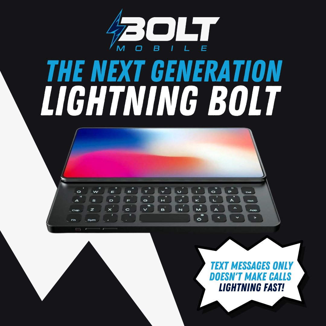 Bolt_Mobile's tweet photo. Super excited to launch our very own device...the Lightning Bolt! ⚡ It's a game-changer. No phone calls - just texting. Why? Because who makes phone calls anymore? 

It's lightning fast! Scared of spelling mistakes. This baby doesn't make mistakes. 👊 Get yours now! #boltmobile https://t.co/ijJ72cZ1gU