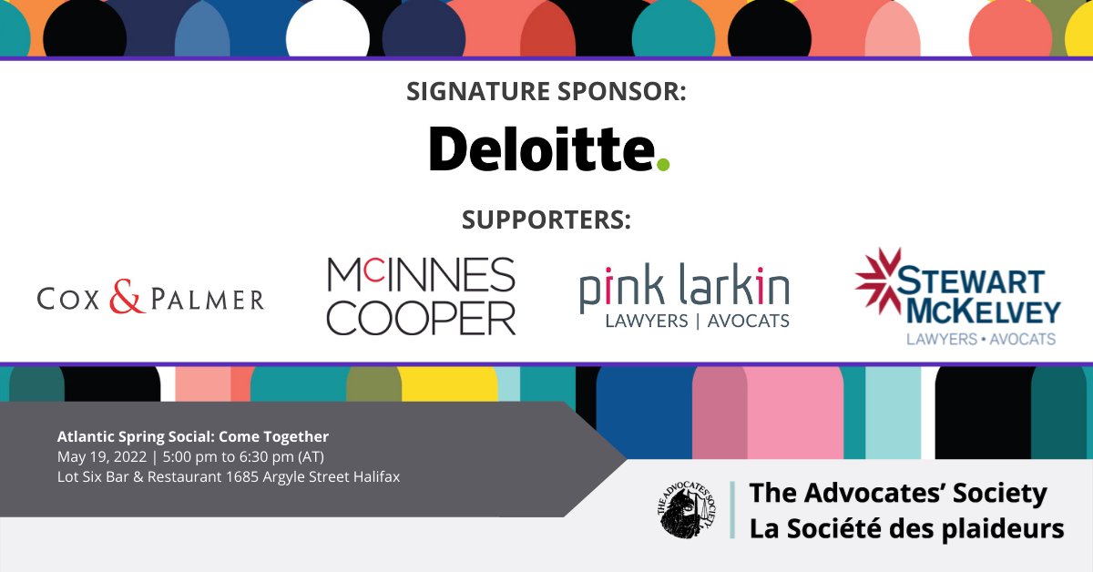 Advocates_Soc's tweet photo. Atlantic advocates: Re-connect on May 19 with your advocacy peers at the first in-person TAS Halifax social in over two years! Thank you to our sponsors for making this possible: @DeloitteCanada @CoxandPalmer @mcinnescooper @PinkLarkin @SM_Law
#TASEvent https://t.co/1qzew9Bn5g https://t.co/FVassqVAvV