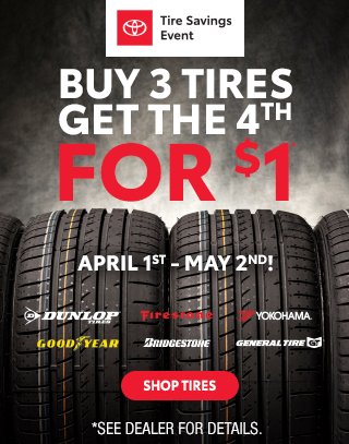 WorldToyotaATL's tweet photo. Buy 3 Tires Get the 4th for $1! 
Now through May 2nd! 

* See dealer for details

https://t.co/SGYtSUTYsr https://t.co/OuRlhwXAtp