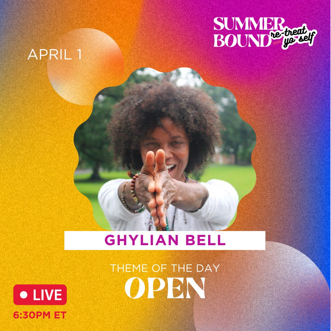 Re-Treat Yo Self Day #1.⁠
⁠
We OPEN with #mindfulness teacher, Ghylian Bell. ⁠
⁠
Tonight LIVE at 6:30pm ET / 3:30pm PT. ⁠
⁠
Zoom details: ibme.com/summer-bound
.⁠
.⁠
.⁠
#retreatyoself⁠
#summerbound⁠