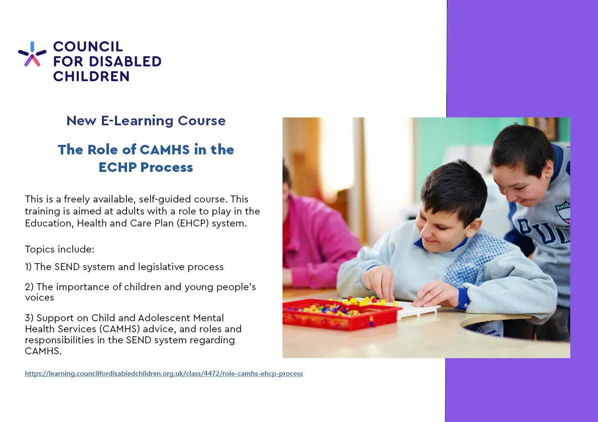CDC_tweets's tweet photo. New free CDC e-learning course 'The role of CAMHS in the EHCP process'. Topics include: the importance of children & young people’s voices, support on CAMHS advice and roles & responsibilities in the #SEND system regarding #CAMHS.
https://t.co/i2zwT5rYZs #SENDTraining https://t.co/DlbfoUUoAg