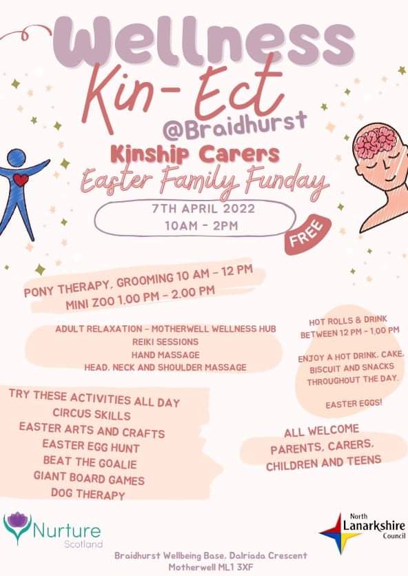 FAMILY FUN DAY FOR KINSHIP CARER'S

This will take place on the 7th of April 2022 between 10 am and 2 pm in Braidhurst High School.

Activities to suit all the family and it is open to all kinship families within Motherwell and Wishaw. <a href="/braidhurst/">braidhursthighschool</a> <a href="/MuirStreetPS/">MuirStreetPS</a> <a href="/Logans_Primary/">Logans PS and NC</a>