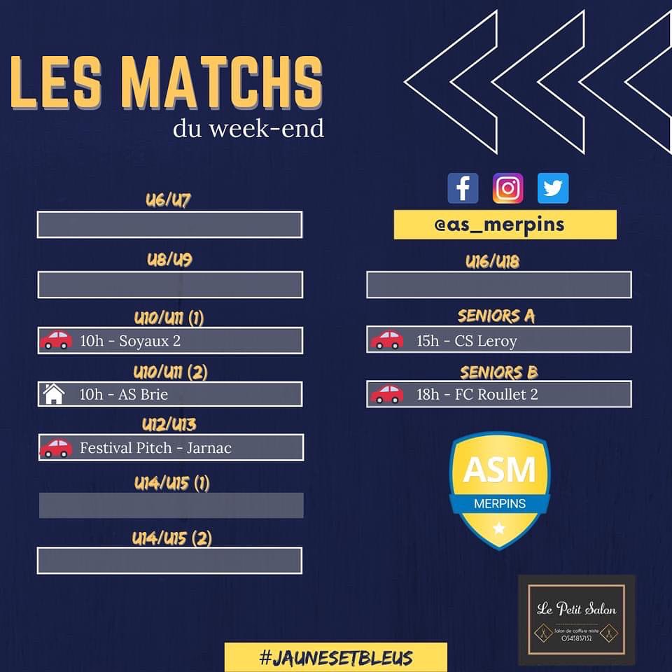 AS_Merpins's tweet photo. 🚨 LES MATCHS DU WEEK-END 🚨

Encore et encore du football pour les jaunes et bleus de l'AS Merpins 😃

#JaunesEtBleus 🔵🟡 https://t.co/iH5LFc69rz