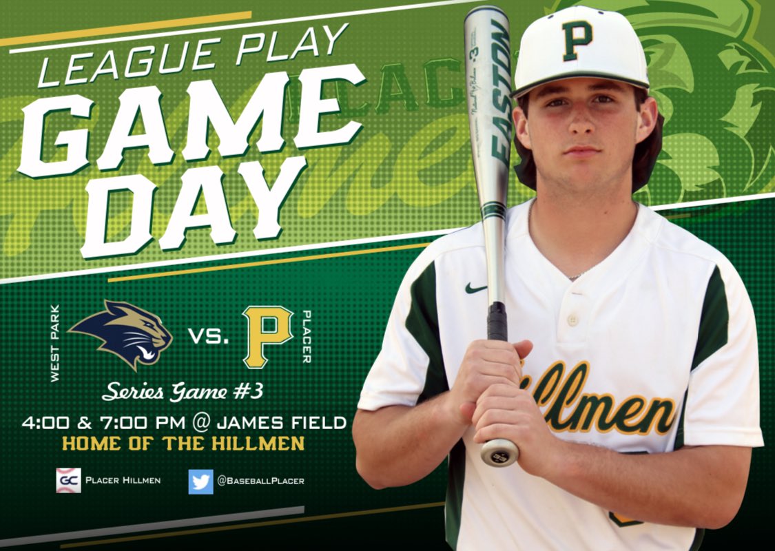 Hillmen Baseball today working for 2nd league sweep in a row. Come enjoy a night under the lights for Game #3 with <a href="/WestParkBSBL/">West Park Baseball</a> at James!

#GoHillmen

<a href="/J_Georgeson26/">Jordan Georgeson</a> <a href="/PlacerHillmen/">Placer High School</a> <a href="/PlacerASB/">HillmenActivities</a>