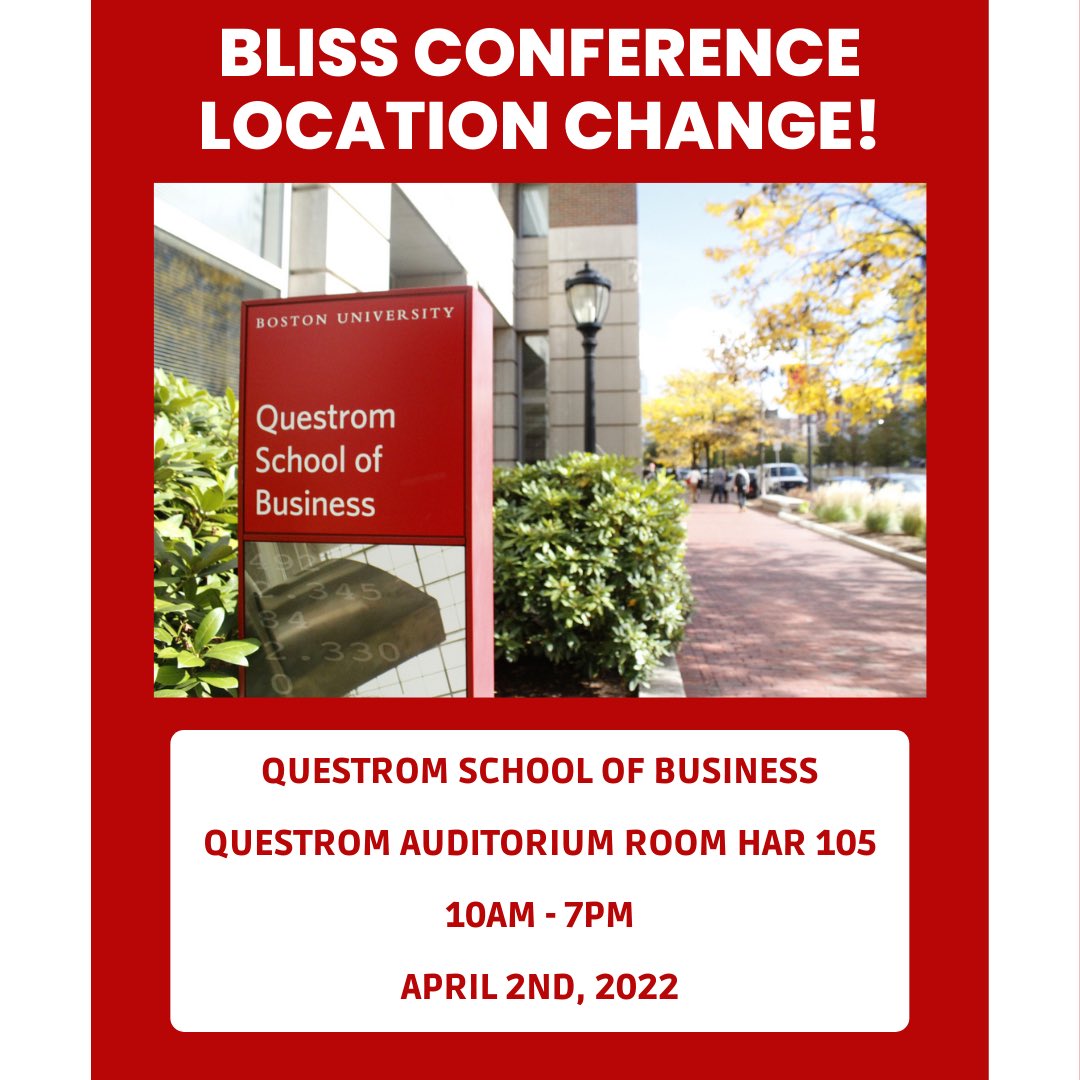 NewEnglandTSA's tweet photo. UPDATE: We will now having the Bliss 2022 Conference in the Questrom School of Business Auditorium Room HAR 105. Click on the link below to register if you haven’t already. We hope to see you there! 🇹🇷

https://t.co/TBU8bCXT4r

#boston #bostonuniversity #questromschoolofbusiness https://t.co/A8QVzpiPnb