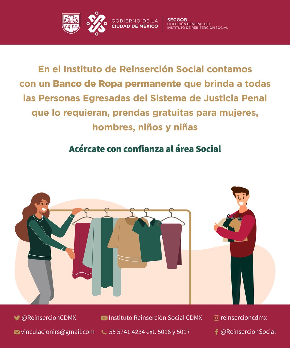 ReinsercionCDMX's tweet photo. ¿Ya conoces el #BancoDeRopa del #IRS? 👕👖👔🧦
Si eres #PersonaLiberada, puedes hacer uso de este beneficio permanentemente y elegir prendas para toda tu familia.
📌Este servicio es gratuito.
¡Acércate con confianza!🤗
📞 5557414234 ext. 5016 y 5017. https://t.co/KuwaV51H76