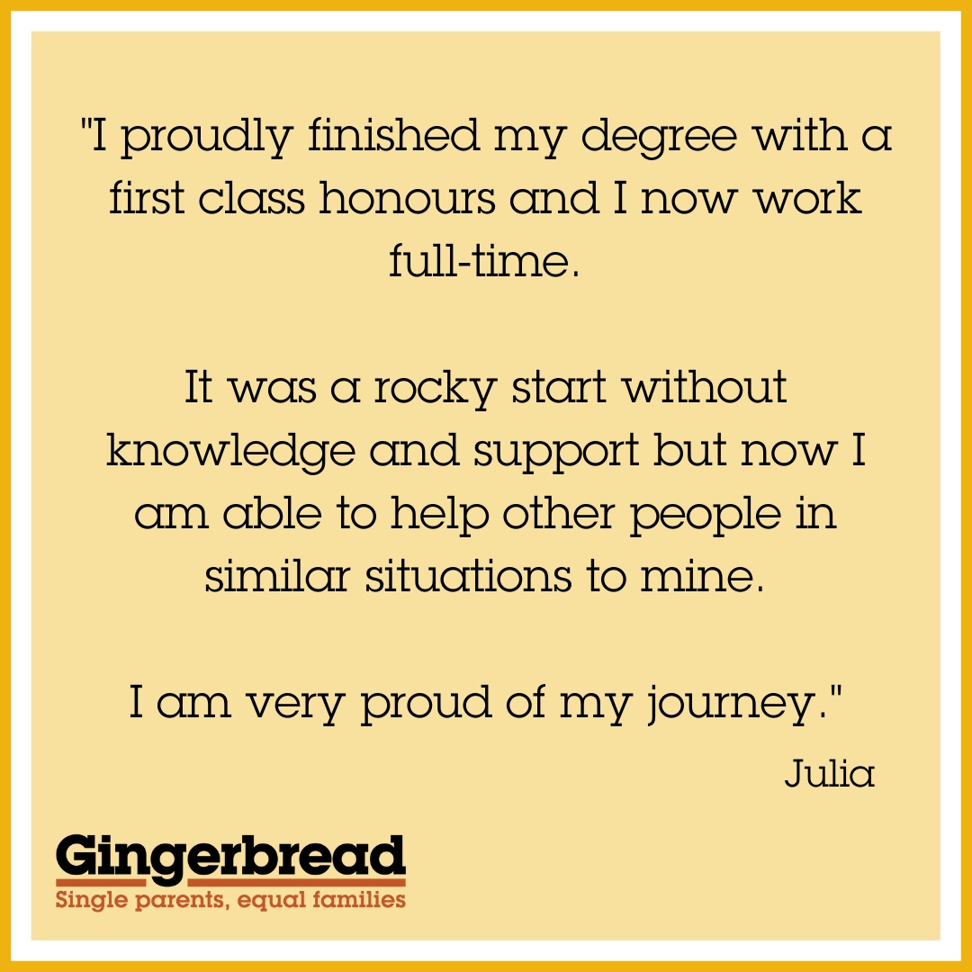 Gingerbread's tweet photo. Julia's story is testament to her incredible strength and tenacity in the face of financial adversity and unexpected challenges. Head to our website to read her blog: https://t.co/ttoqkXv2iH

#SingleParentStrength https://t.co/nN0wimtNYQ