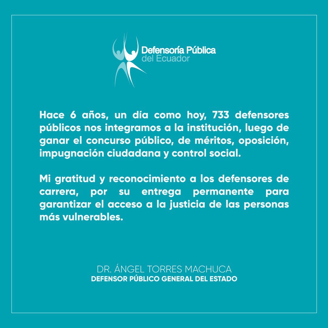 DefPublicaEC's tweet photo. Saludamos a todos los #DefensoresPúblicos de carrera que fueron posesionados, hace 6 años,  para garantizar el verdadero acceso a la justicia en el Ecuador. https://t.co/jpOL55P4bu