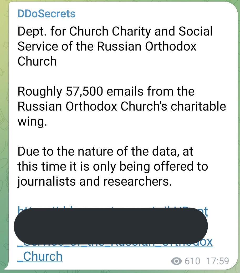 S0ufi4n3's tweet photo. Dept. for Church Charity and Social Service of the Russian Orthodox Church. Roughly 57,500 emails Leaked by #DistributedDenialofSecrets
@Cyberknow20
@SOSIntel
#RussiaUkraineWar #CyberAttack https://t.co/N5LMnKNXml