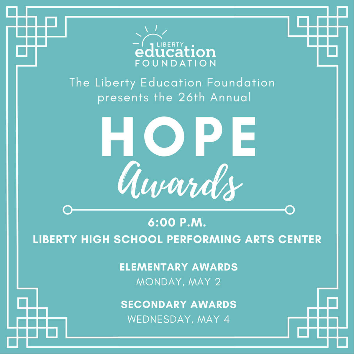LibertyEdFdn's tweet photo. Announcing our 26th Annual HOPE Award Recipients! Tag someone you know to 🎉! Make plans to join us as we recognize these 74 @LIBERTYSCHOOLS students on May 2 and May 4. ☀️ #ShineBrightLPS

View more information at https://t.co/QcJg6tpmmc. https://t.co/lPdX4XKcdM