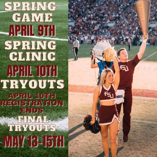 FSU_Cheer's tweet image. 🔴Important Information🔴 We have a busy couple of weeks ahead of us, so here are the dates for the Spring Game, our clinic, and tryouts! The link is in our bio to register! Go Noles! 🤍