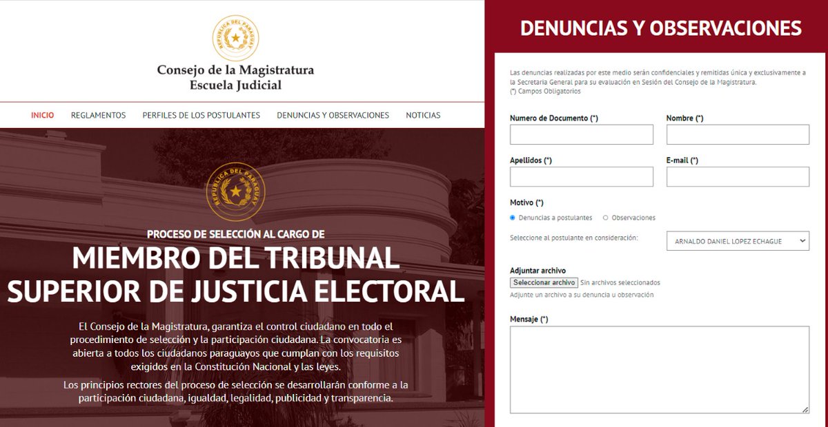 La Institución garantiza el control y la participación ciudadana en todo el proceso de selección.

Los perfiles de los 34 postulantes para Miembro del <a href="/TSJE_Py/">Justicia Electoral 🇵🇾</a> están publicados en tsje.cm.gov.py para la presentación de consideraciones o denuncias si las hubiere.