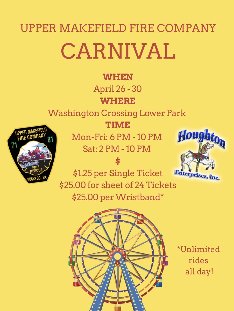 UMAKEFIRE's tweet photo. The Upper Makefield Fire Company will be hosting their annual Carnival again in 2022.  This year marks a return to the 40-year annual fundraising event after a brief interruption due to the pandemic. For Ticket Links Go To https://t.co/QYDgAWHXcj https://t.co/IXUTNDgLq7