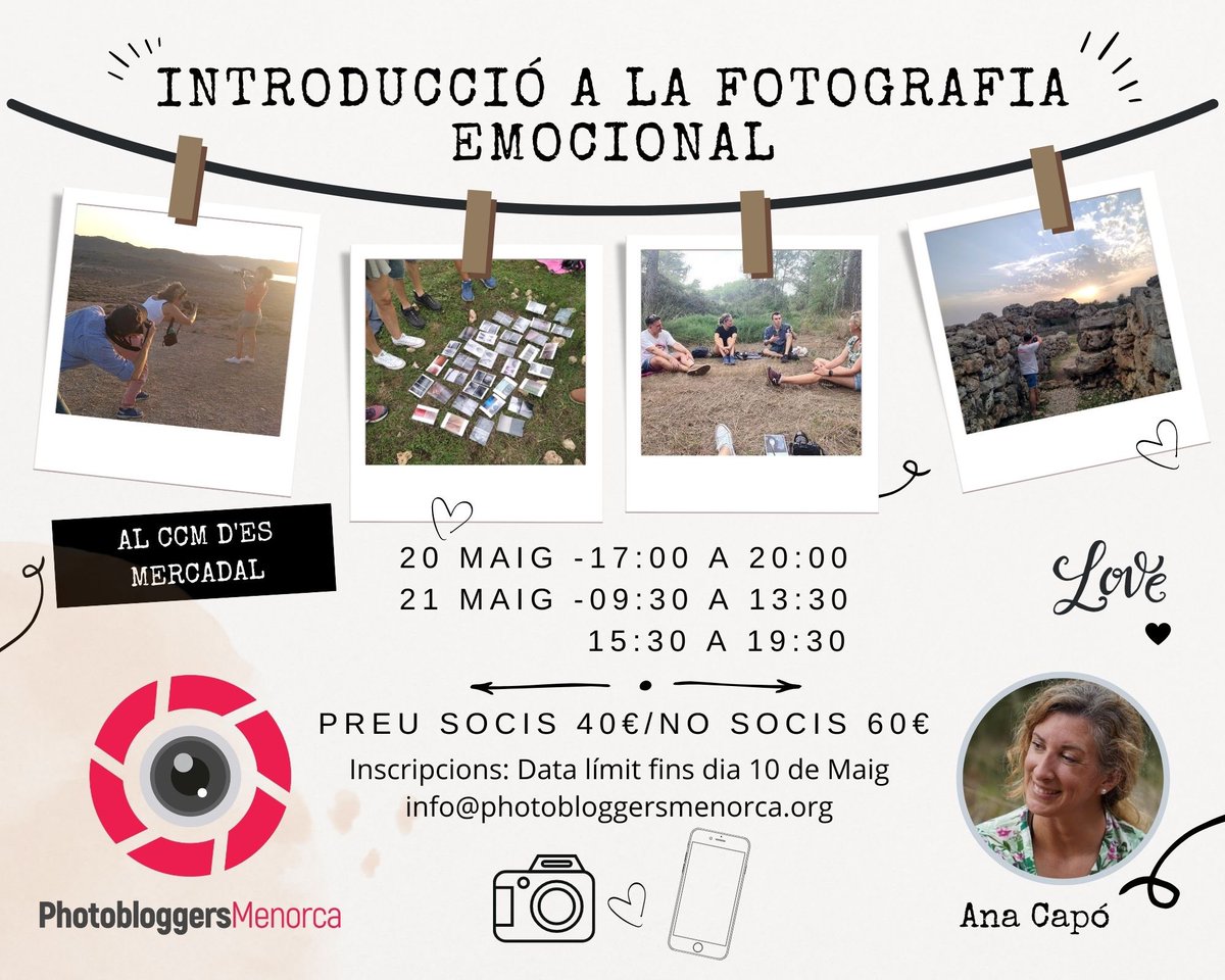 Els <a href="/PhMenorca/">PhMenorca</a> hem organitzat un curs d’Introducció a la Fotografia Emocional amb <a href="/AutorretratosAC/">Ana Capó Fotografia</a> divendres 20 i dissabte 21 de maig al CCM d'Es Mercadal.  Si estas interessat envia correu electrònic a: info@photobloggersmenorca.org. 
Preu: Socis 40€/No socis 60€ 
T’apuntes?🤩