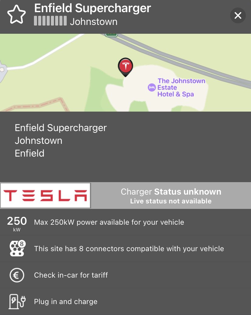 WattsUpIreland's tweet photo. Enfield Tesla Supercharger site live!

Eight V3 (CCS only) 250kW stalls now commissioned. https://t.co/MBmt6pgnBW