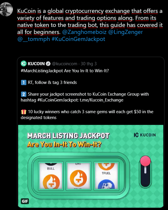 MZojou's tweet photo. KuCoin is a global cryptocurrency exchange that offers a variety of features and trading options along. From its native token to the trading bot, this guide has covered it all for beginners. @Zanghomeboiz @LingZenger @__tommph #KuCoinGemJackpot https://t.co/S52RhJWqk2