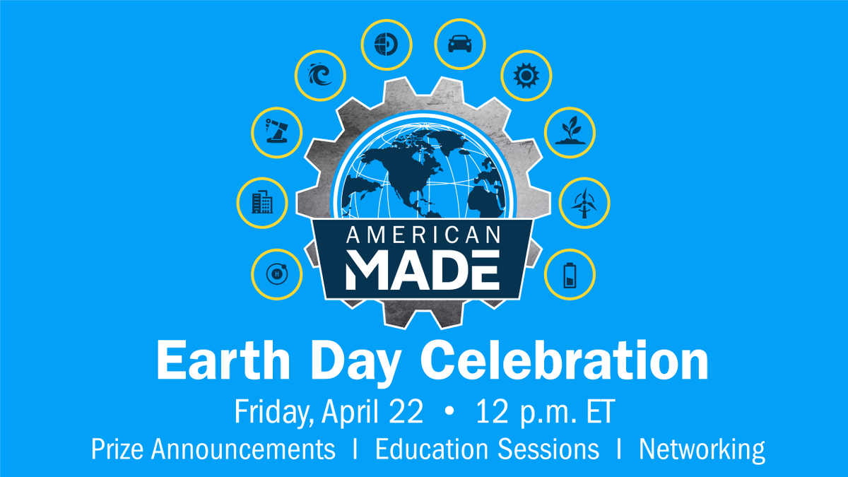 AMCprizes's tweet photo. Save the date! 📆 Join us April 22 for the virtual #AmericanMade Earth Day Celebration to honor the people &amp; prizes supercharging the #CleanEnergy revolution. Join for prize announcements, #networking, education sessions, &amp; more! Register now: https://t.co/qmkN32ZWA9 @eeregov https://t.co/jOIaNmcluR