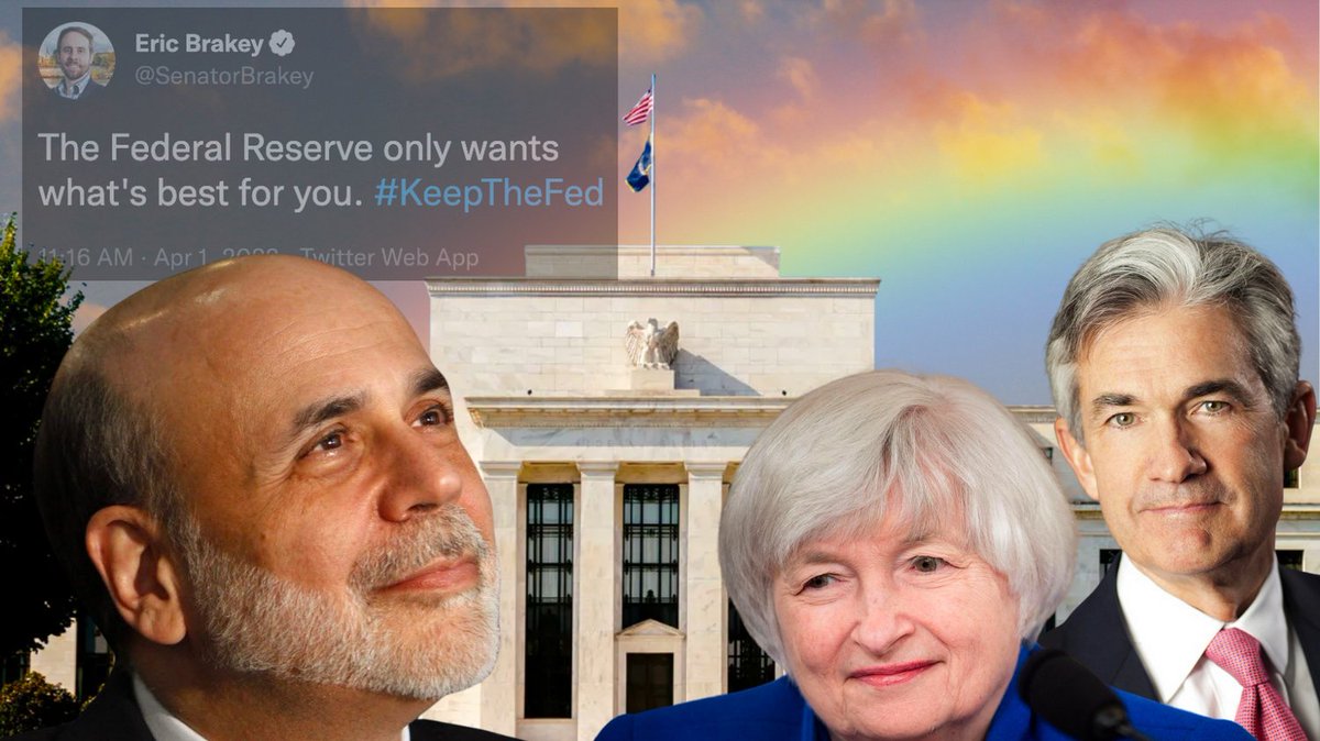 EricBrakey's tweet photo. This April 1, be sure show your appreciation for the brave men and women of the @FederalReserve who go to work every day, printing new money to transfer value from your savings to the government.
Where would we be without these brave central bankers? #KeepTheFed https://t.co/gsu9SDnRcw