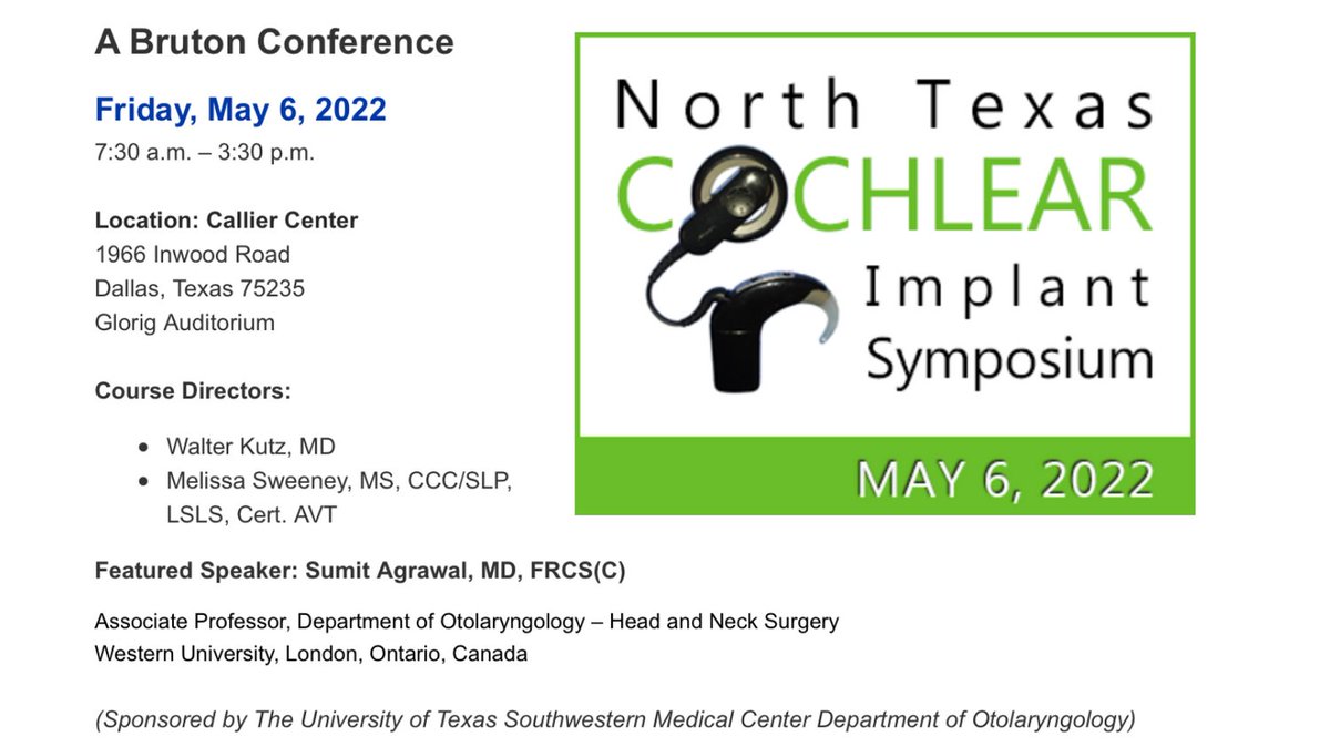 Please join us for our 3rd Annual North Texas Cochlear Implant Symposium. We have a great line up of speakers led by Dr. Sumit Agrawal. Register here - bit.ly/3K2SYFs. @utswent #cochlearimplant