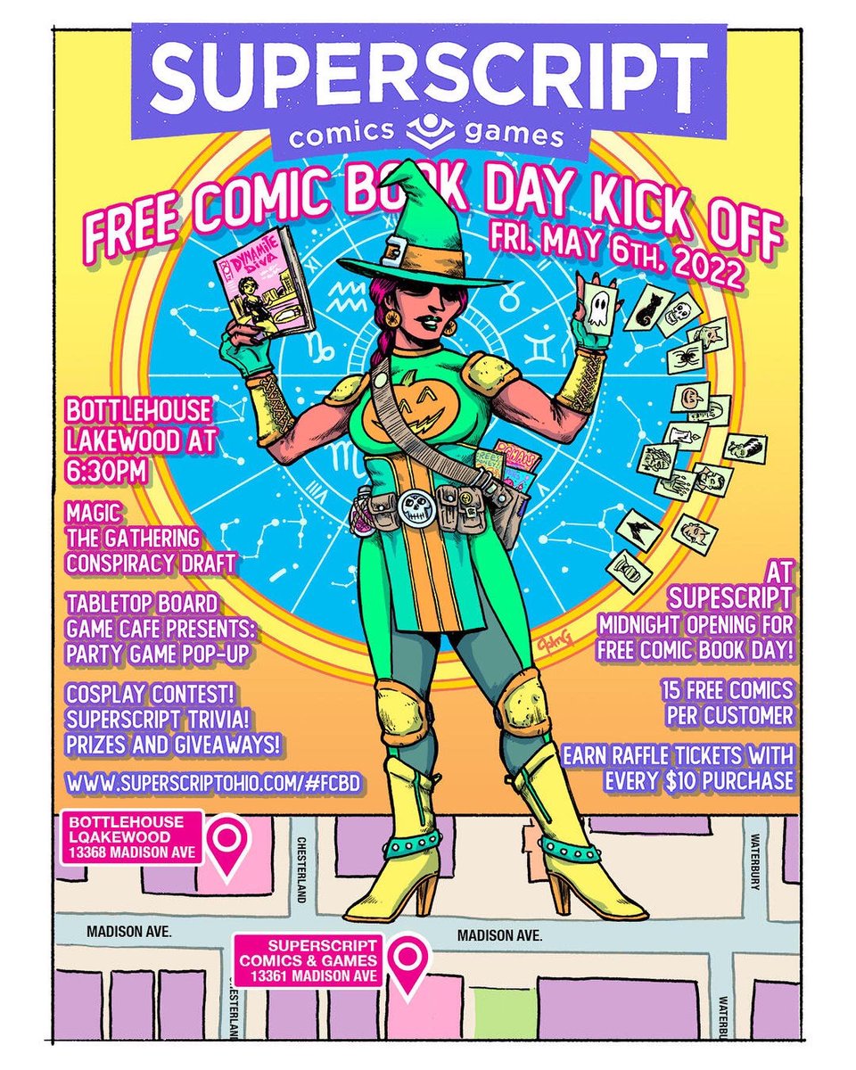 superscriptohio's tweet photo. Free Comic Book Day approaches! Get ready for a weekend of events starting with a kick-off party on May 6th, leading up to our midnight opening! On May 7th, we open early at 10AM for a day of free comics! Visit https://t.co/qYQCav6Ky5 for full event details. Posters by John G. https://t.co/eEHwwrm3jm