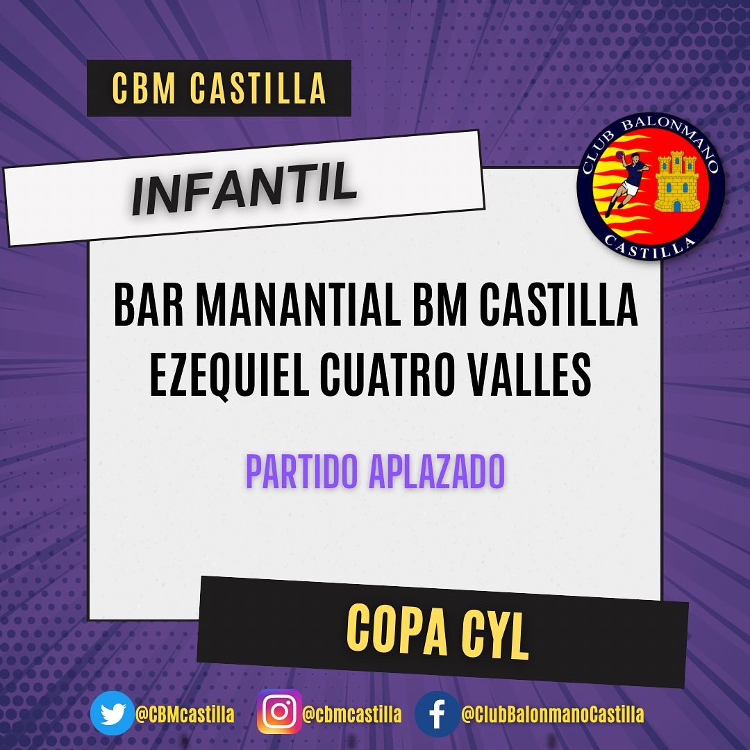 CBMCastilla's tweet photo. 🤾 RONDA 1 

😱 Ven a Laguna con nosotros y déjate la voz para ayudar a nuestros juveniles a conseguir el mejor resultado.

💪🏼🤾🏻‍♂️ El equipo infantil espera una nueva fecha para poder disputar la vuelta.

🟨🟪 #somoscastilla 

#deportebase #valladolid #castillayleon https://t.co/MrOHIFR8WB