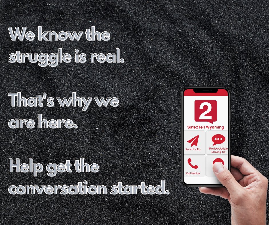 Safe2TellWy_org's tweet photo. Safe2Tell Wyoming is here for you 24/7 to report your safety concerns regarding others. Make a report by calling us at 1-844-WYO-SAFE, downloading the mobile app, or by visiting our website at https://t.co/mro1J3lmhc https://t.co/J2mCLlt6Xi