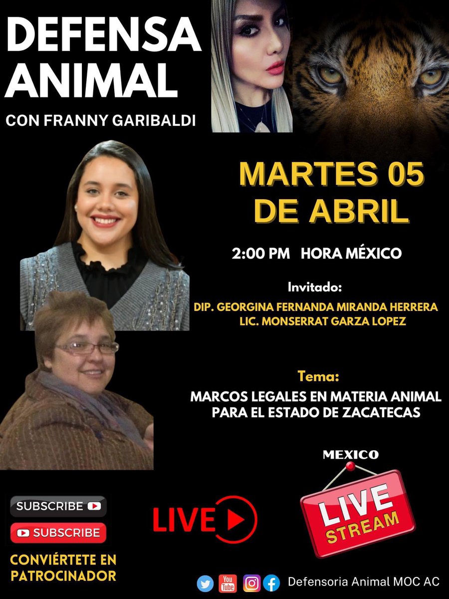 DefensoriaMOC's tweet photo. No te pierdas! Este 05 de Abril,
a la Dip. Gerorgina Fernanda Miranda Herrera, de la Comisión de agua, Ecología, Medio Ambiente y cambio climático, y Lic. Monserrat Garza López, Secretaria y Representante Legal de Amor y vida animal zacatecas AC, y Animalistas Unidos de Zacatecas https://t.co/cIoDo4SizS