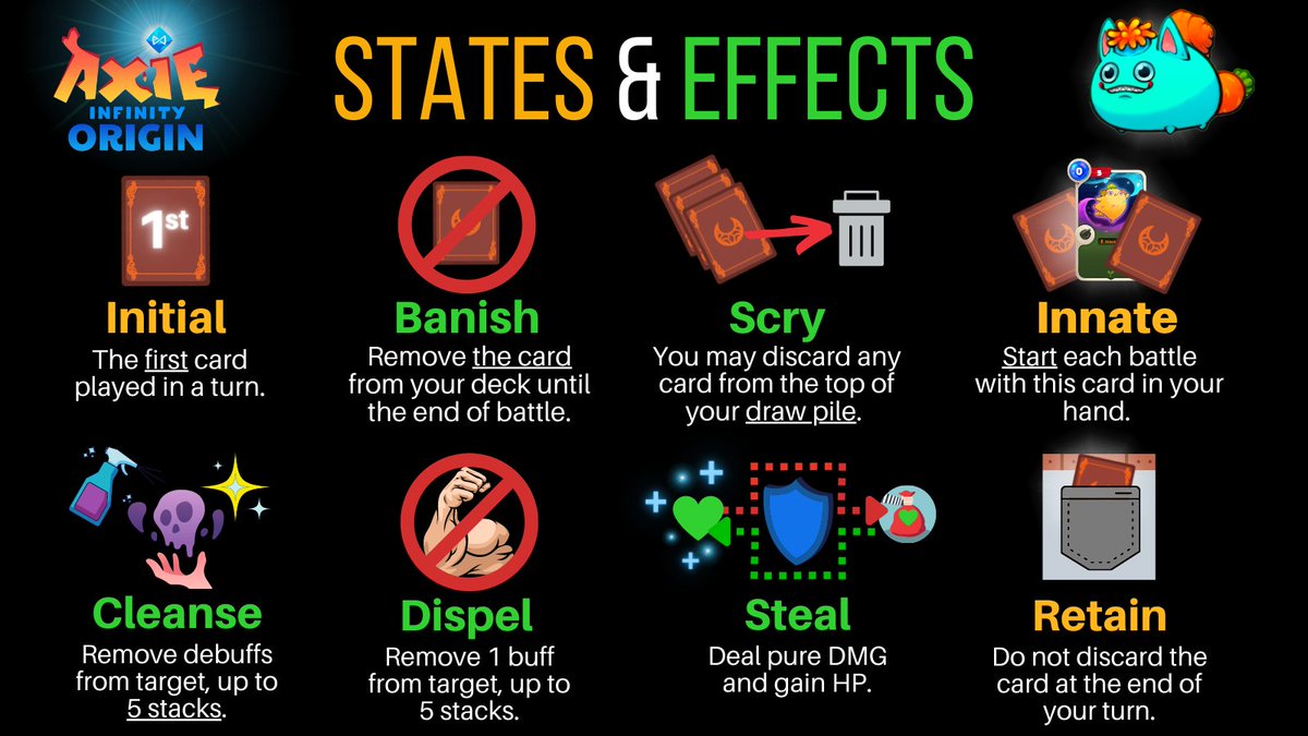 zioaxie's tweet photo. States and Effects!  👀
For those wondering how some card keywords will work in @AxieInfinity Origin. ❤️

Which cards do you know that have some of these keywords? 🫰 https://t.co/R5pyUEdZb4