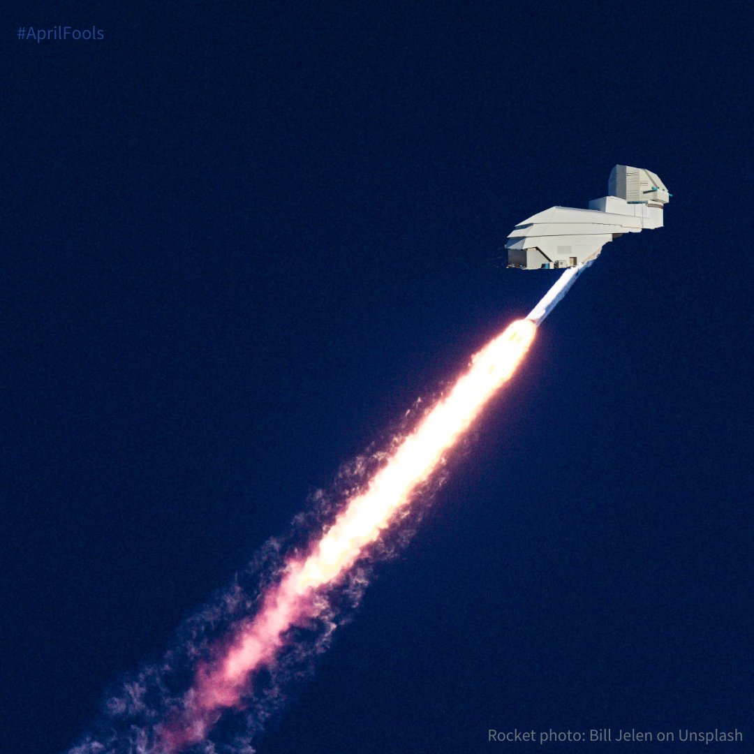 a rocket flying through the sky with a photoshopped Rubin Observatory pasted on top