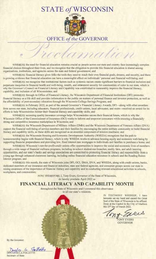 WIS_DFI's tweet photo. We are excited to announce @GovEvers proclaimed the month of April as Financial Literacy and Capability Month in Wisconsin! The proclamation is part of a nationwide effort to raise awareness about the importance of financial wellness. Get involved here: https://t.co/1Ciui9RAj4. https://t.co/cb5rVHC1wP