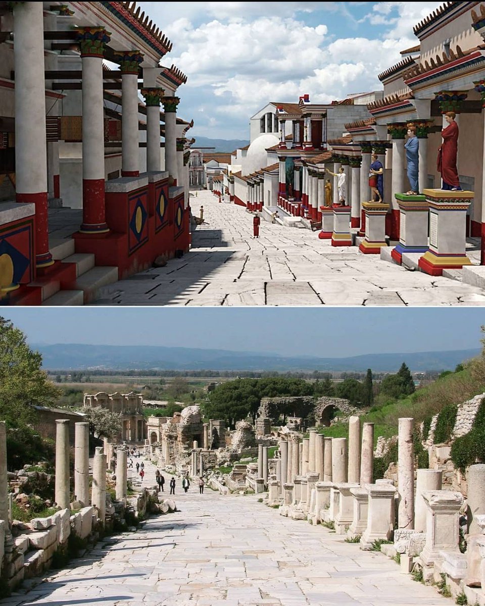 Symmach_'s tweet image. An ancient Greek street brought to life.

This reconstruction shows how the colourful Curetes Street in the ancient city of Ephesus might have looked during classical antiquity - filled with shops and monuments.

📷u/Kunstkurator

#Classics #Greek #Archaeology #Turkey #History