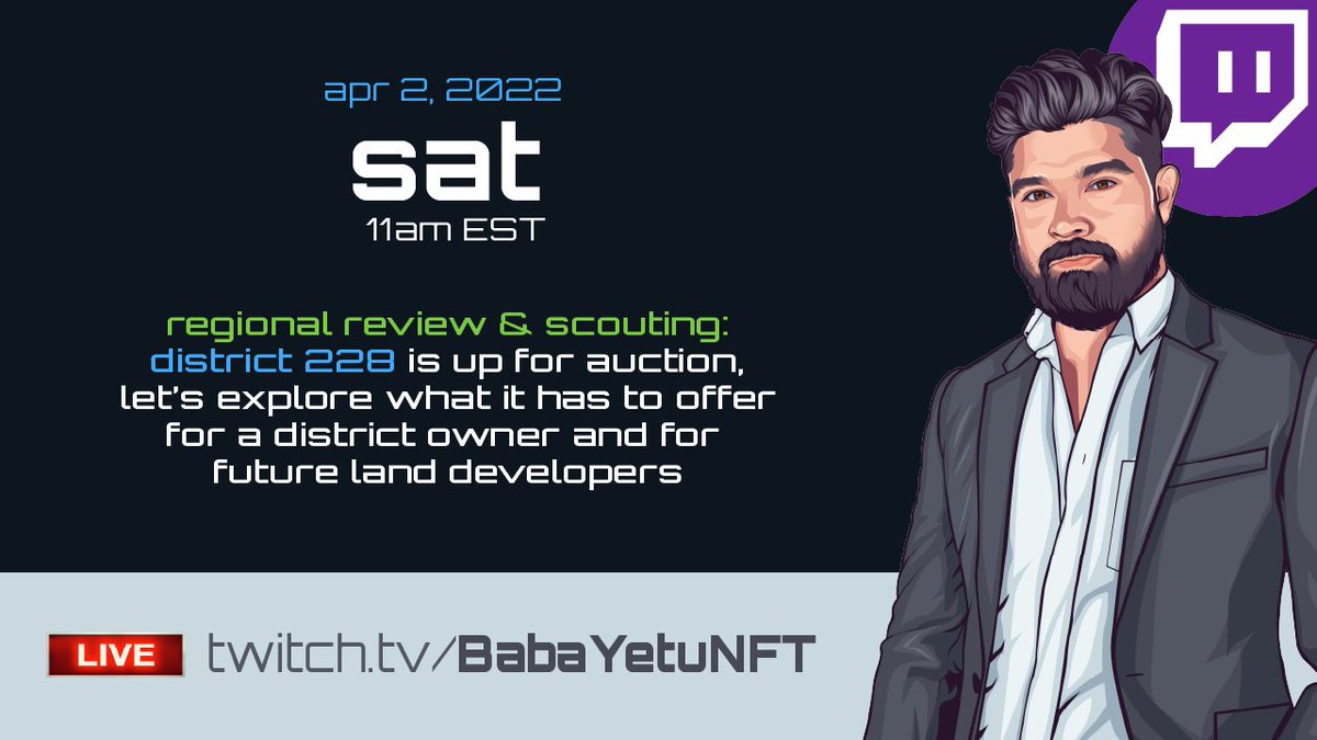 BabaYetuNFT's tweet image. District 228 in @MegaCryptoPolis is currently at auction for 300K $TRX, let's checkout the map and see what this region has to offer for a potential district owner, as well as the opportunities for land developers

🗓️ Sat, 4/2
⏲️ 11am EST
💻 twitch.tv/BabaYetuNFT