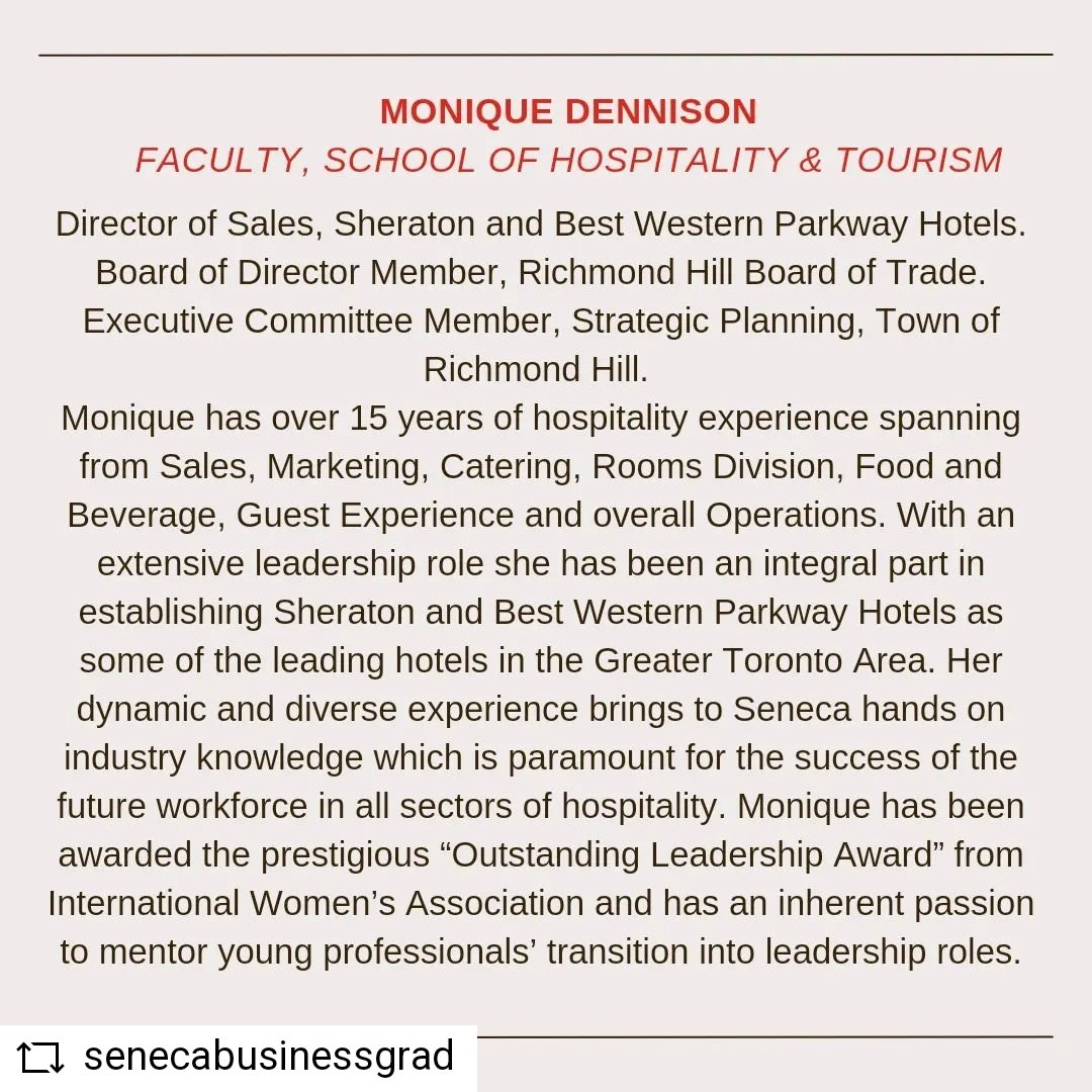 SenecaBusiness's tweet photo. Meet #MoniqueDennison!
Faculty, School of Hospitality and Tourism
#SenecaProud #SenecaSoHT
..
.
#seneca #senecacollege #senecaglobal #senecaglobalbusiness #postgraduate #studentlife #students #challengeaccepted #senecaproud #senecanewnham
#REPOST @senecabusinessgrad https://t.co/jHjT8am0EU