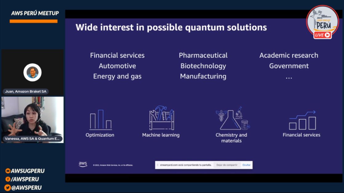 AWSPeru's tweet photo. En vivo desde AWS UG Perú: https://t.co/ktQAtgWmFw Workshop FREE de #Amazon #Braket y #Quantum #Computing con #AWS 💫

Primera parte: 
 💎 Entendiendo las capacidades de la computación cuántica

Sortearemos Echo dots y aprenderemos de Máquinas cuánticas

Le'ts go! Le'ts Build! https://t.co/10LW7rd59d