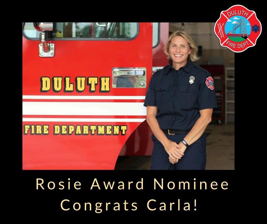 DuluthFireDept's tweet photo. Huge congrats  to Carla Gamradt on being nominated for a Duluth News Tribune and The Woman Today Magazine Rosie Award! Carla is a huge asset to the DFD. She is a leader not only at Station 6 but within our entire department. She is intentional about working with recruits. (1/3) https://t.co/sRphNcgT65