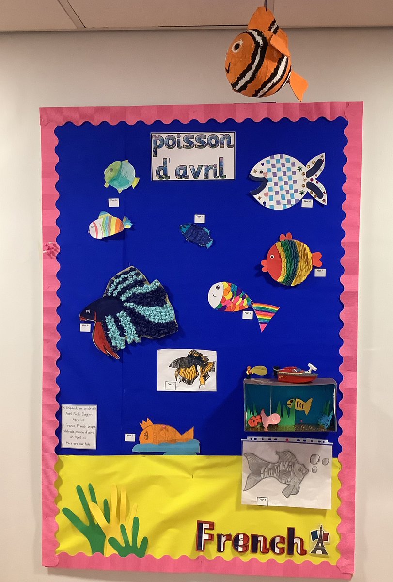 MFLwithMrsM's tweet photo. This week at @StThomasCofE we have had a whole school competition to design an April fish to celebrate ‘poison d’avril’. They are incredible! #poissondavril #mfltwitterati #primaryrocks #mfl #primaryfrench https://t.co/klavltYYGR
