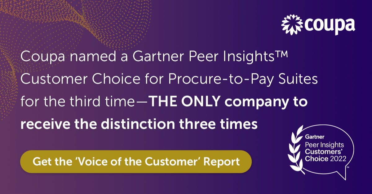jannahickey's tweet photo. Excited to see @Coupa named a @Gartner Peer Insights Customers’ Choice for #Procure-to-Pay Suites for the third time–the only company to receive the recognition three times in a row. #bsm #coupaproud https://t.co/rSAQXA86Cn https://t.co/1vpjsetEcY