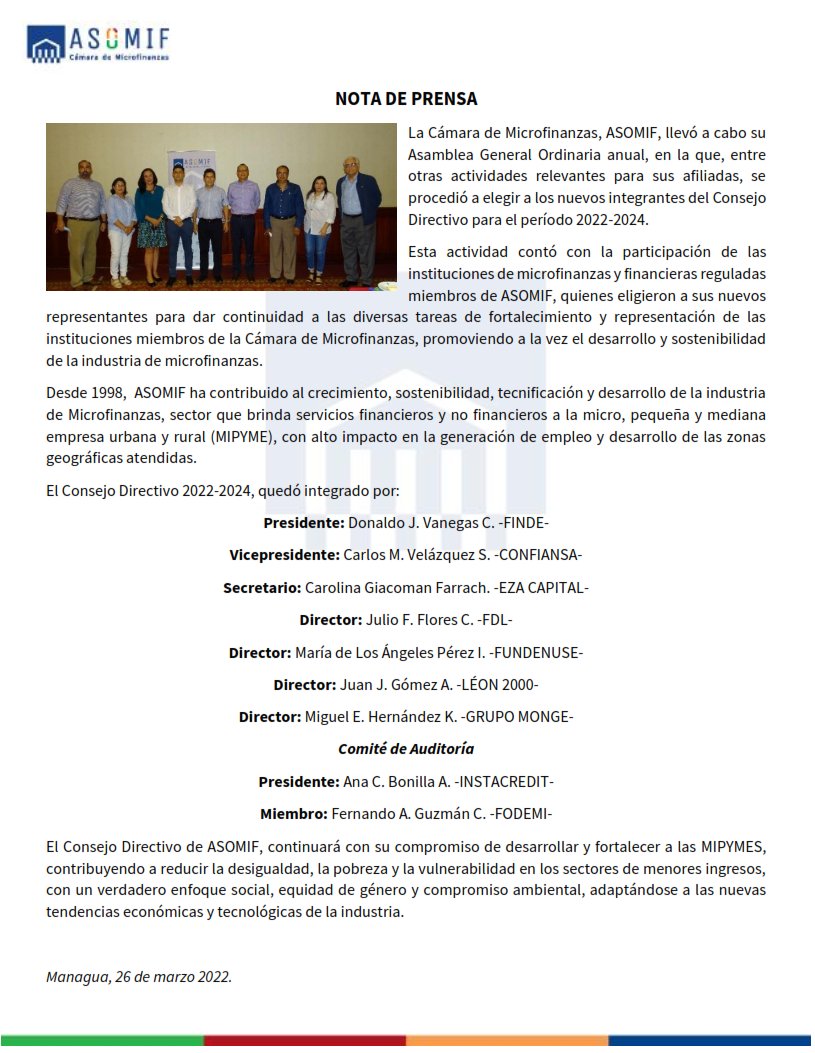 COSEPNicaragua's tweet photo. Estas son las nuevas autoridades de nuestra Cámara agremiada #ASOMIF, que recientemente realizó Asamblea de Socios, donde se eligió a los integrantes de su Consejo Directivo para el periodo 2022-2024. extendemos nuestras felicitaciones a todos sus agremiados. #COSEP https://t.co/zbecBHgve2