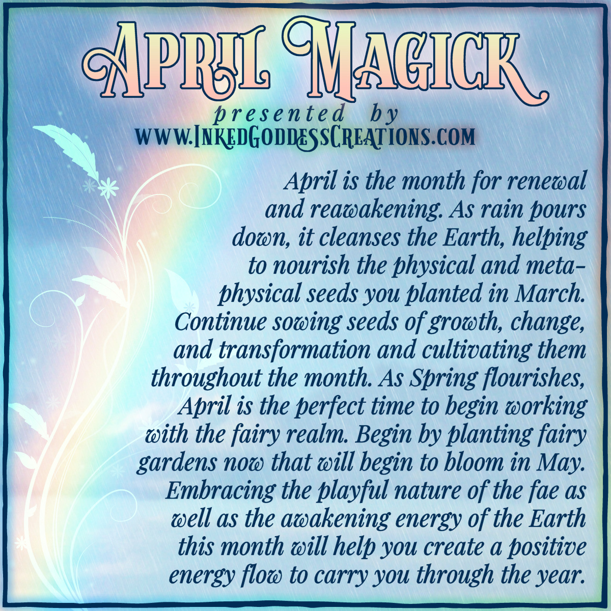 inkedgoddesshop's tweet photo. ~ April Magick ~
April is the month for renewal and reawakening. Embracing the playful nature of the fae as well as the awakening energy of the Earth will help you create a positive energy flow to carry you through the year.
#aprilmagick #renewal
https://t.co/T95K6sPTwG https://t.co/RKkzIwlkcD