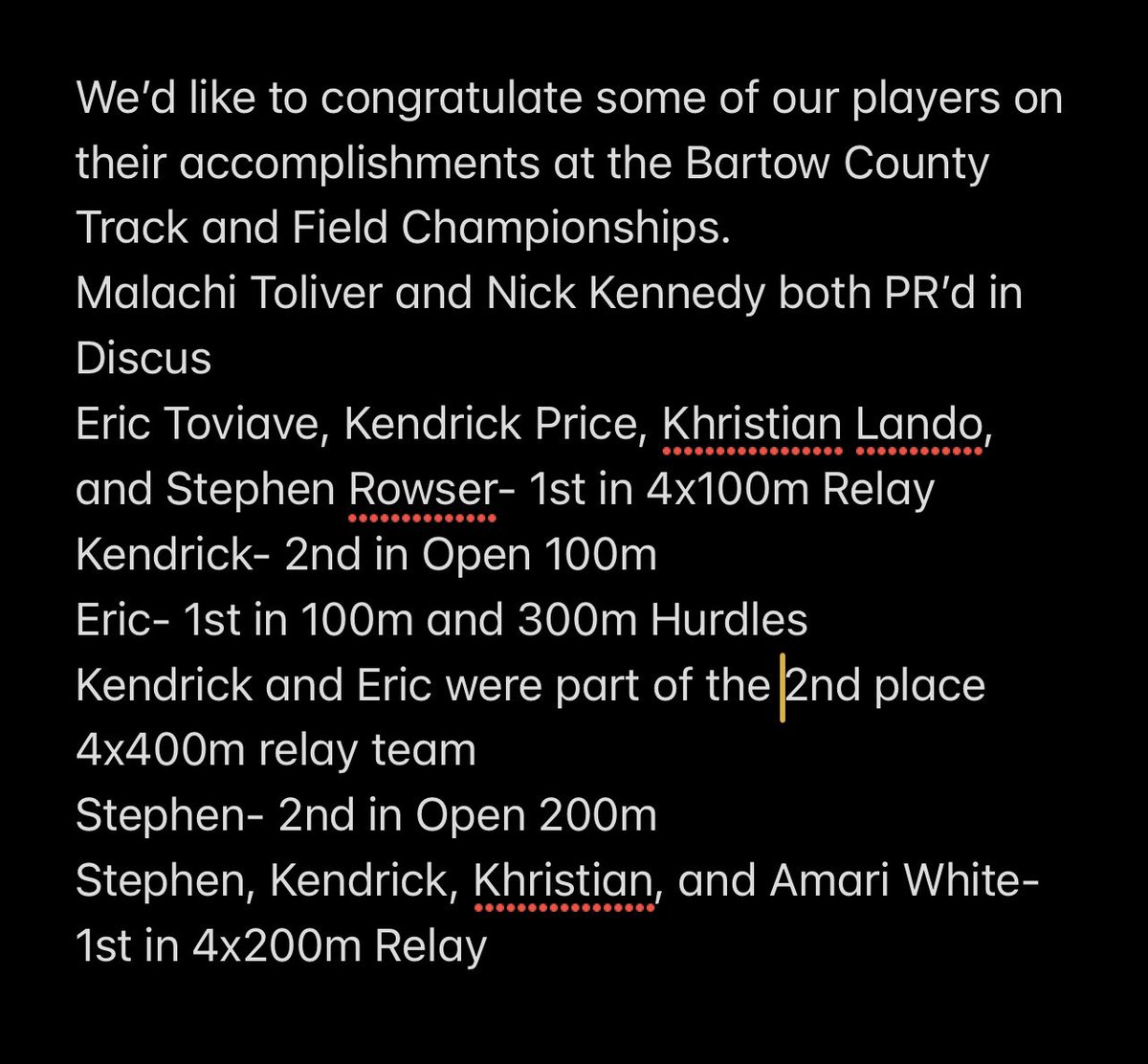 CartersvilleFootball (@chshurricanefb) on Twitter photo Congratulations to <a href="/MalachiToliver/">malachi toliver</a>, <a href="/nickkennedy53/">Nick Kennedy</a>, <a href="/ToviaveEric/">Eric Toviave</a>, <a href="/landoOTP/">Khristian Lando</a>, <a href="/KendrickPrice4/">Kendrick Price⭐️</a>, <a href="/StephenRowser/">Stephen Rowser</a>, and <a href="/_AmariWhite32/">Amari White</a> for their accomplishments at the Bartow County T&F Championships. Way to compete! #IfYouLoveItSayCanes #MultiSportAthletes Congratulations to <a href="/MalachiToliver/">malachi toliver</a>, <a href="/nickkennedy53/">Nick Kennedy</a>, <a href="/ToviaveEric/">Eric Toviave</a>, <a href="/landoOTP/">Khristian Lando</a>, <a href="/KendrickPrice4/">Kendrick Price⭐️</a>, <a href="/StephenRowser/">Stephen Rowser</a>, and <a href="/_AmariWhite32/">Amari White</a> for their accomplishments at the Bartow County T&F Championships. Way to compete! #IfYouLoveItSayCanes #MultiSportAthletes