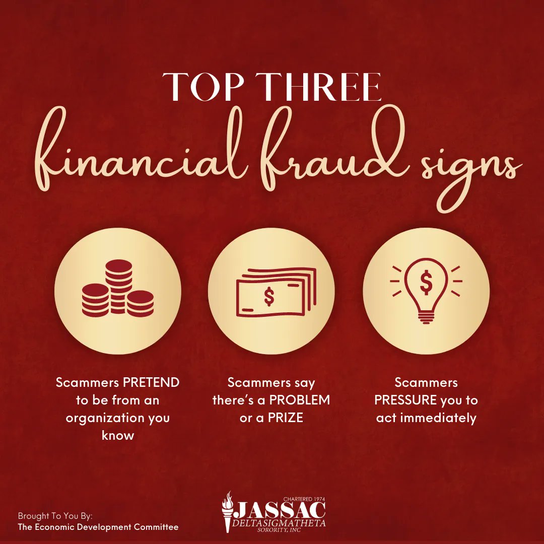 JASSACDeltas's tweet photo. Report Scams to the FTC
If you were scammed or think you saw a scam, report it to the Federal Trade Commission at https://t.co/Zsdpfm36q3 .  https://t.co/OByoGqz5zb
#JASSAC #economicdevelopment
#moneysmart #dst #DeltaSigmaTheta
#financialfraud #fraudfridays #financialfortitude https://t.co/S8CdsXQaC9