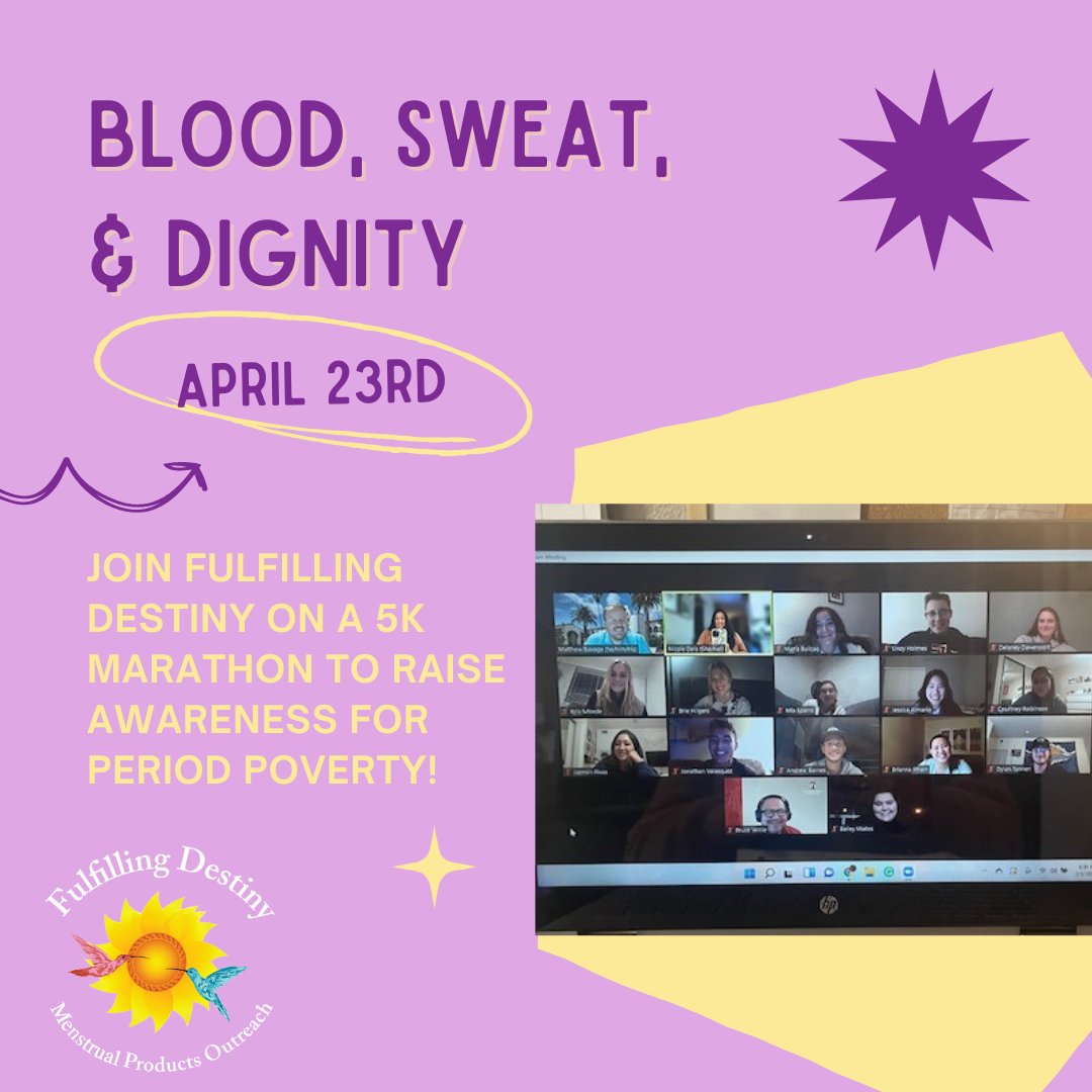 PeriodWDignity's tweet photo. Happy Friday from Fulfilling Destiny! FD and Dr. Savage from SDSU are organizing a 5k walk/run, called Blood, Sweat, and Dignity, to raise awareness for period poverty on April 23. Stay tuned for more info about this event on our stories and feed. We hope to see you all there! https://t.co/R8ja9mEncK