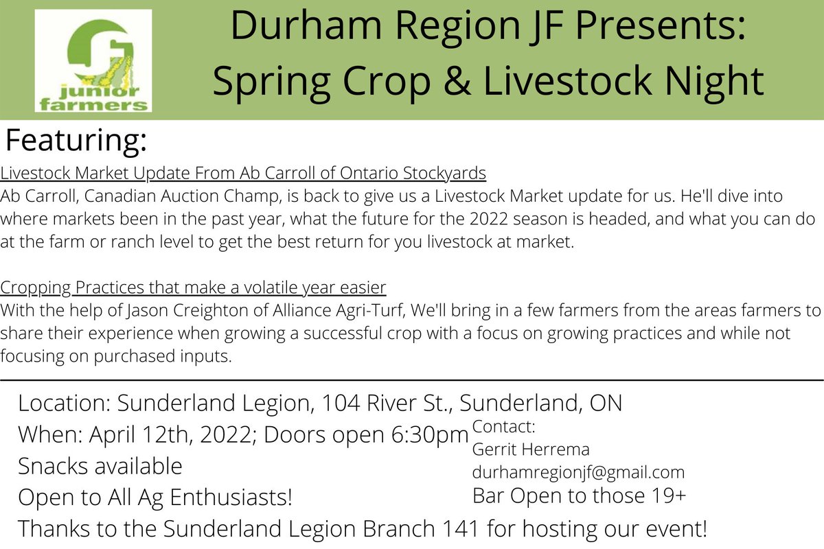 We’re getting close to a fantastic night! 
Don’t forget to mark your calendars for Durham Region JF’s Spring Crop &amp; Livestock Night!