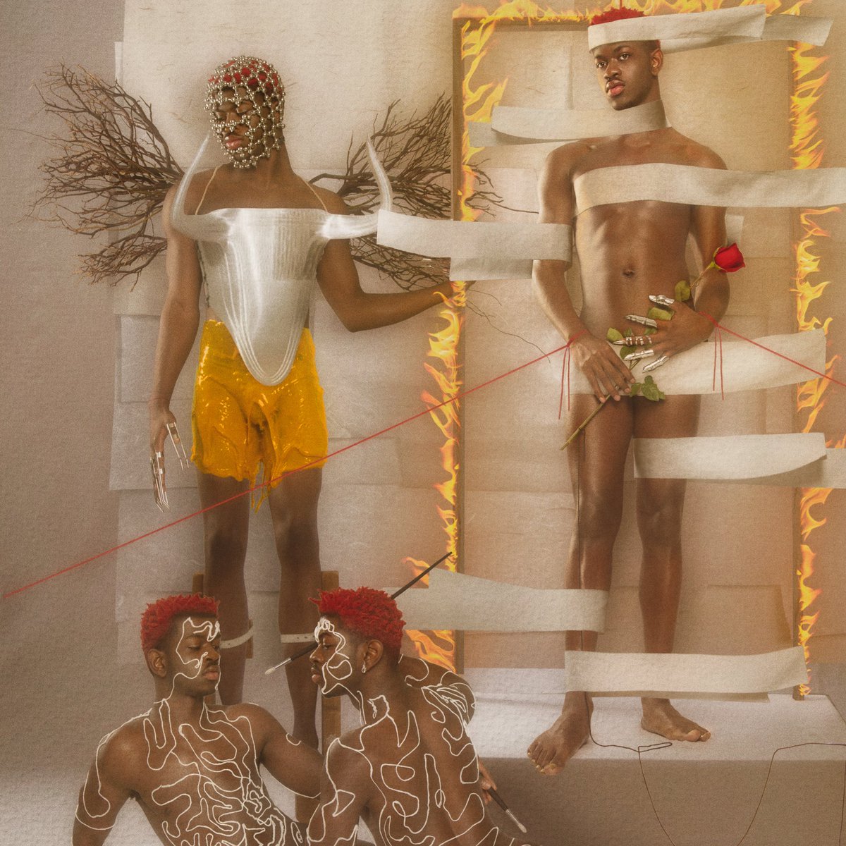 LilNasX's tweet photo. I am so excited to announce that MONTERO DELUXE (featuring Rihanna, Dua Lipa, Doja Cat, Tyler the Creator, NBA Youngboy, Saucy Santana, and more!)

WILL BE YOURS TONIGHT at 7P EST! 
🥀 https://t.co/dxvd7WCLps